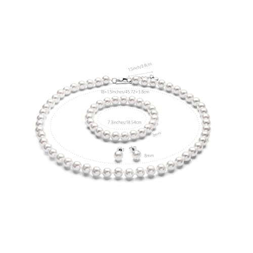 8mm Faux Pearl Necklace Set, Bracelet Earrings for Women & Girls | Glass Material, Handmade Jewelry Detail, Party & Formal Event Style - style: White 18 inches