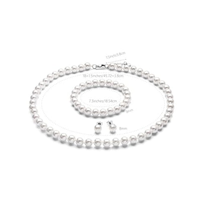 8mm Faux Pearl Necklace Set, Bracelet Earrings for Women & Girls | Glass Material, Handmade Jewelry Detail, Party & Formal Event Style - style: White 18 inches