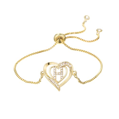 14K White Gold Plated Initial Heart Bracelet for Women Zircon Inlay Heart Initial Charm Bracelets Adjustable Minimalist Jewelry - color: H-gold