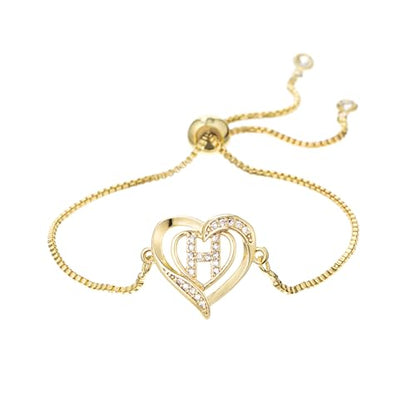 14K White Gold Plated Initial Heart Bracelet for Women Zircon Inlay Heart Initial Charm Bracelets Adjustable Minimalist Jewelry - color: H-gold