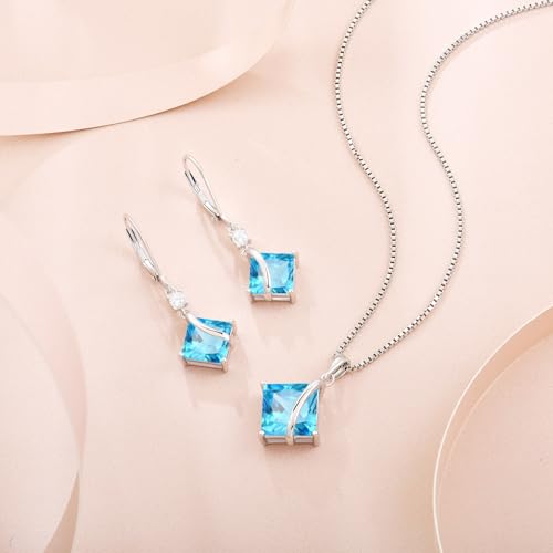 Square Princess Cut Necklace 925 Sterling Silver Solitaire Pendant Necklace Birthstone Jewelry Gifts for Women - color: 03 March - Aquamarine
