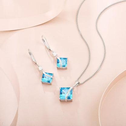 Square Princess Cut Necklace 925 Sterling Silver Solitaire Pendant Necklace Birthstone Jewelry Gifts for Women - color: 03 March - Aquamarine