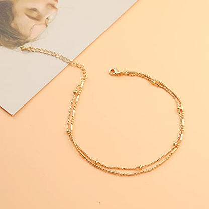 Pencros Dainty Layered Anklet,14K Gold Filled Cute Beads Satellite Chain Heart Boho Adjustable Anklets for Women - color: Layer Big Bead Gold