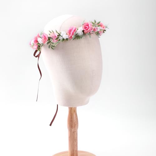 Fairy Pink Flower Crown Headband, Rose Floral Headpiece | Adjustable, Fairy Flower Crown, Women Girls, Renaissance Birthday Wedding Party Photo Props - color: Pink