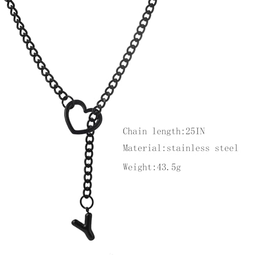 sroyte Black Heart Slip Chain Initial Necklaces for Women,Stainless Steel O-Ring Adjustable Lariat Heart Y-Necklace,Punk Gothic Cuban Collar Choker Necklace for women - color: Black Y