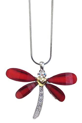 Fashion Jewelry ~ Dragonfly Pendant Necklace Red Clear Silvertone