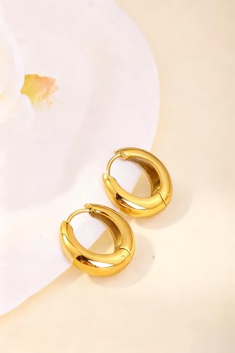 Chunky Small Hoop Earrings for Women 14mm/16mm/19mm Stainless Steel Huggie Earrings Everyday Jewelry Gift for Wife Mom, with Gift Box - color: Gold 19mm