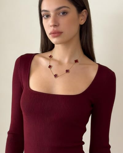 Four Leaf Clover Necklace 18K Gold Plated Necklaces for Women Lucky Flower Pendant Adjustable Link Chain Stainless Steel Dainty Trendy Simple Jewelry Gifts for Women - color: 5G-Single Red