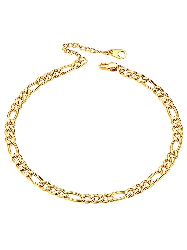 FaithHeart Waterproof Ankle Bracelets for Women, 1/2/3Pcs Non Tarnish Stainless Steel Layered Anklet Set Paperclip Figaro Cuban Link Chain Dainty Summer Beach Jewelry Gift Adjustable Size - style: g.Figaro - Gold