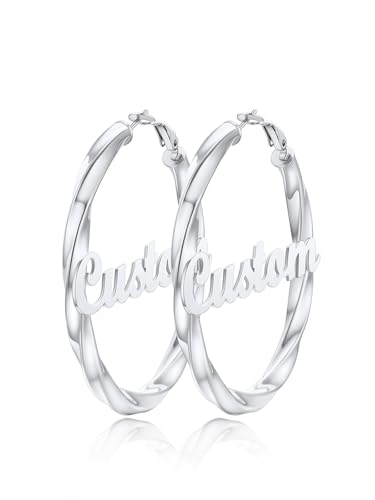 FindChic Twisted Hoop Earrings for Women, Silver/Black/14K Gold Plated Hypoallergenic Hollow Tube Rounded Loop Earrings, 30mm/40mm/60mm/80mm Hoops with Custom Name Options and Gift Box - color: e.Silver (Custom Name), size: 60MM