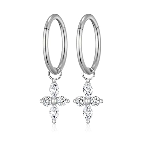 Ourania 16G Gold Stainless Steel Zircon Dangle Huggie Hoop Rook Piercing Helix Hoop Earring Tragus Hoop Cartilage Piercing for Women - color: Flower Silver 2PCS, size: 1.2*10mm 2pcs
