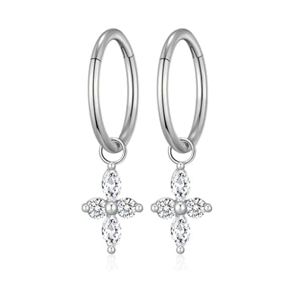 Ourania 16G Gold Stainless Steel Zircon Dangle Huggie Hoop Rook Piercing Helix Hoop Earring Tragus Hoop Cartilage Piercing for Women - color: Flower Silver 2PCS, size: 1.2*10mm 2pcs