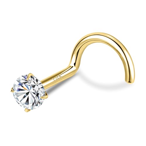 SYLWIA 14K Real Gold Nose Studs, 20g 18g L Shaped Nose Rings, Simulated Emerald Diamond CZ - 2mm 2.5mm 3mm, Hypoallergenic Corkscrew Nose Ring Piercing for Women Men - color: Clear CZ/Screw, size: 18g(1.0mm),2mm Stone