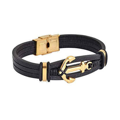 Men's Multi-Strand Genuine Leather Bracelet with Stainless Steel Anchor Pendant - color: Gold