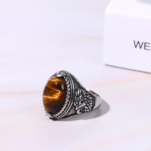 Aroncent Mens Vintage Signet Ring: Tiger Eye Oval Turquoise Black Obsidian Eagle Stainless Steel Ring - Navy Style Biker Jewelry
