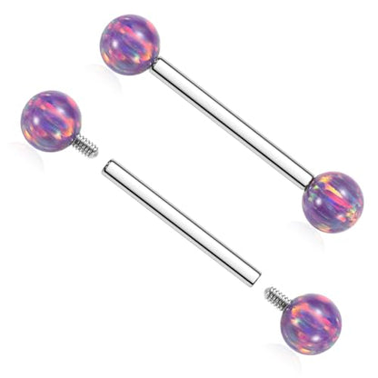 AROWRO Nipple Piercing Jewelry G23 Titanium Nipple Rings Tongue Rings Nipple Bar 14G Internally Threaded Straight Barbells Bridge Piercing Jewelry 12mm-20mm - color: Silver+Purple Opal