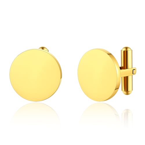 FindChic Stainless Steel Round Cufflinks with Custom Text/Picture/Monogram Letters 18K Gold Plated/Black Color for Men Groom Suits Shirts, with Gift Box - style: 01. simple round (gold plated)