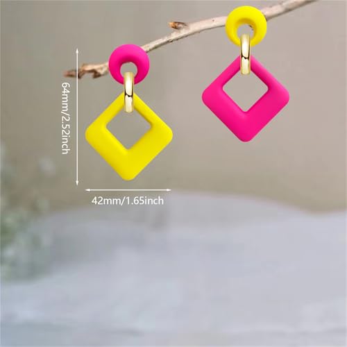 70s 80s Vintage Resin Neon Square Dangle Drop Earrings Simplicity Acrylic Hollow Round Circle Geometry Stud Earrings for Women - style: Rose Red Yellow