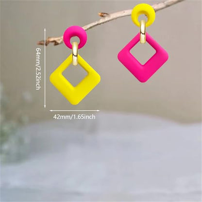 70s 80s Vintage Resin Neon Square Dangle Drop Earrings Simplicity Acrylic Hollow Round Circle Geometry Stud Earrings for Women - style: Rose Red Yellow