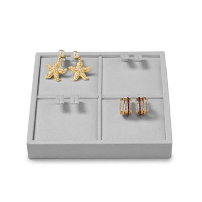 Microfiber 4 Slots Jewelry Earring Display Tray | Earring Display Organizer Tray Gray - size: 5.5" x 5.5" x 0.78"