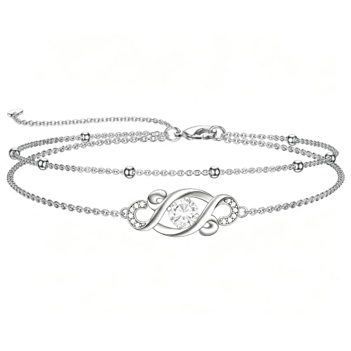Dorunmo Birthstone Infinity Love Bracelet for Women 925 Sterling Silver Sparkling Gemstone Double Layered Adjustable Bracelets Birthday Jewelry Gifts for Mom Women - color: 04-Apri-White