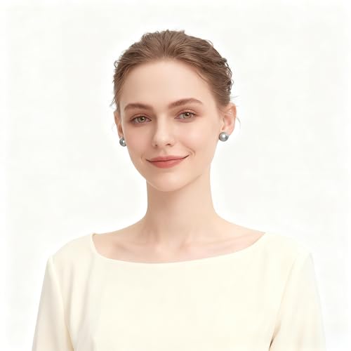 Grey Faux Pearl Stud Earrings, S925 Silver Posts Hypoallergenic for Women - color: Tahitian Platinum Grey, size: 14mm