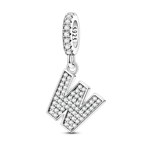 Hapour Letter 925 Sterling Silver Charm with Cubic Zirconia Alphabet A-Z Initial Dangle Charms Beads Pendent DIY Jewelry for Bracelets Necklace - color: W