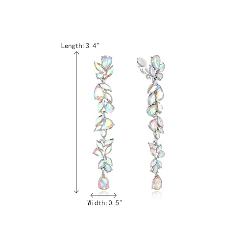 Crysdue Clip On Earrings for Women Rhinestone Crystal Teardrop Cluster Wedding Bridal Non Pierced Long Dangle Earring for Prom Party - color: Iridescent AB Silver-Tone