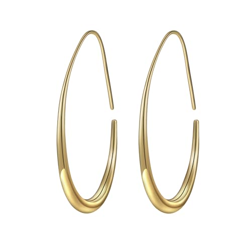 Lightweight Teardrop Hoop Earrings for Women - 14k Gold/White Gold Plated Large Oval Pull Through Hoop Earrings High Polished Statement Jewelry Gift for Women - color: Gold 50*30