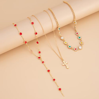 Layered Cross Necklace Set for Women, Layered Choker Necklaces Trendy Jewelry, Colorful Enamel Beaded Y-Shaped Lariat Necklace, Boho Multilayer Cross Necklace for Party and Daily Wear - color: Gold-04