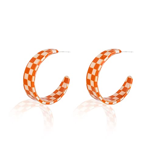 Vintage Minimalist 80s C Shaped Acrylic Dangle Earrings Lightweight Geometric Black White Plaid Hoop Earrings Colorful Chunky Big Earrings Statement Jewelry Gifts for Women - color: A-Orange