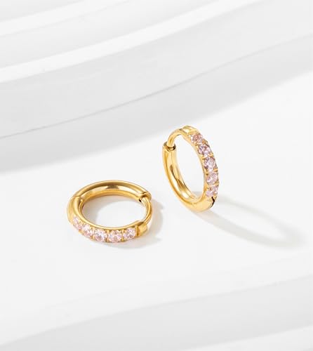 Hypoallergenic Unisex Surgical Steel Small Cubic Zirconia Huggie Hoop Earring, Color Gold - Silver - Rose Gold - Black - Rainbow, Size 6mm- 12mm Safe for Sensitive Ear - style: P02 : 8mm - gold - pink cz
