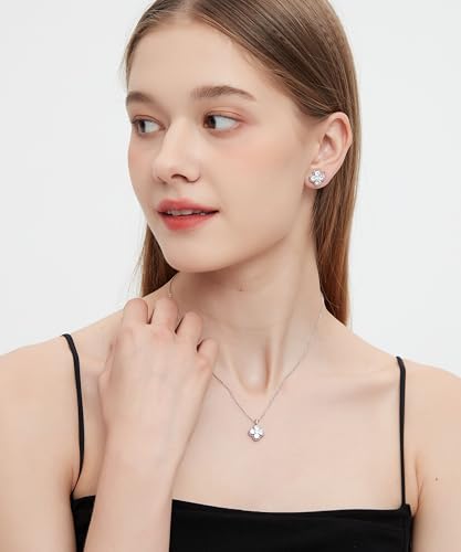 Clover Necklace and Stud Earrings Jewelry Set 14K Gold Plated Dainty Four Leaf Lucky Choker Charm Necklace Clover S925 Sterling Silver Stud with Gift Box Birthday Gifts for Women ﻿ - color: Silver