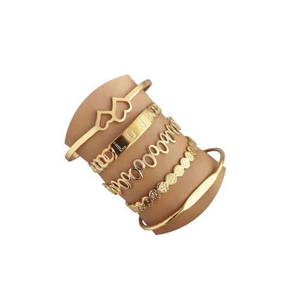 IFKM Gold Bangle Bracelets For Women, 14k Gold Plated Multi Layer Stackable Cuff Bracelet Set, Trendy Elegance Charms Non Tarnish Minimalist Textured Boho Jewelry Gift for Women - style: LOVE both