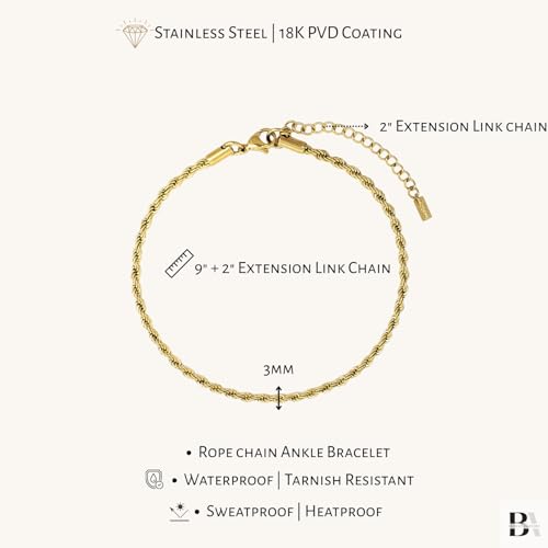 Stainless Steel Chain Ankle Bracelet for Women Adjustable Waterproof Anklet - color: Gold / 3mm Rope