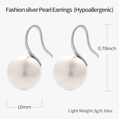 Pearl Drop Earrings for Women | S925 Sterling Silver-plated Hook Dangle Earrings, Lightweight Hypoallergenic Classic Round Pearl Jewelry Gift - color: Silver Hook-White Pearl, size: 10mm