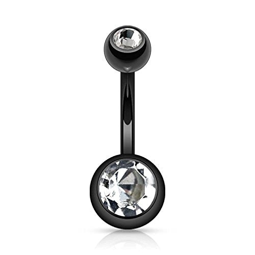 14GA Surgical Steel & Synthetic Opal Resin Belly Button Rings for Women | 3/8" Length, 5mm x 8mm Ball, Classic Look, Super High Quality - style: Titanium Black/Clear