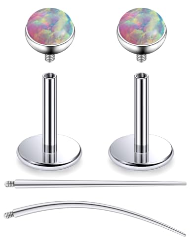F136 Titanium 20/18/16G Internally Threaded Flat Back Multicolor Opal Stud Earrings Nose Rings Lip Labret Medusa Monroe Piercing Jewelry with Taper for Women Men - color: Pink, size: 18g*6mm*3mm