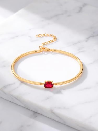 Moissanite/Sapphire/Ruby/Emerald Cuff Bracelet 1 Carat Oval Cut Center Stone Inlaid 925 Sterling Silver 14K Gold Plated Adjustable Birthstone Bangle for Women fit Wrist 5-7.5 Inch - color: Ruby Gold