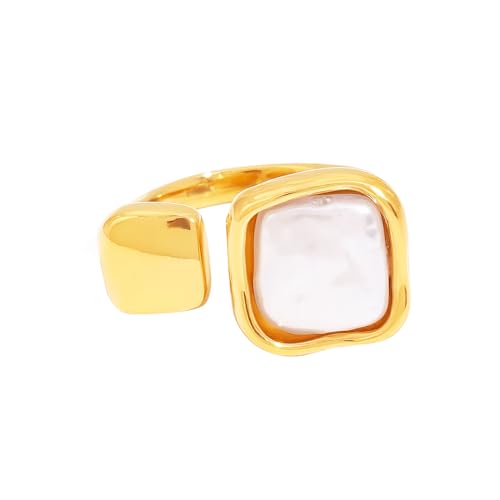 Baroque Pearl Ring for Women Gold-Tone Plated Adjustable Open Band Geometric Statement Jewelry for Middle Thumb Finger Adjustable Stainless Steel Comfort Fit Dainty Valentine's Anniversary