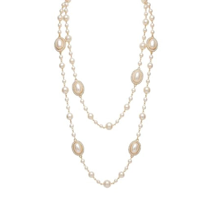 Long Pearl Necklace for Women, Layered Faux Pearl Station Necklace, Gold Tone Double Strand for Wedding Guest Looks and Evening Styling - color: Golden oval beads
