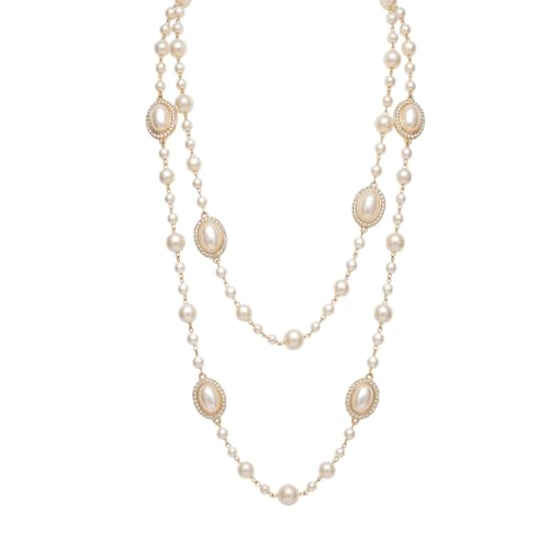 Long Pearl Necklace for Women, Layered Faux Pearl Station Necklace, Gold Tone Double Strand for Wedding Guest Looks and Evening Styling - color: Golden oval beads