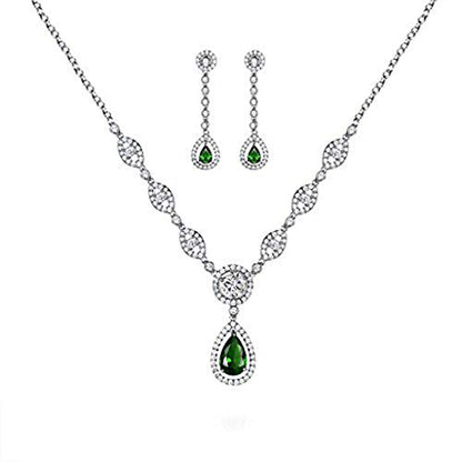 GULICX AAA Cubic Zirconia CZ Silver Plated Base Women's Party Jewelry Set Earrings Pendant Necklace - color: green