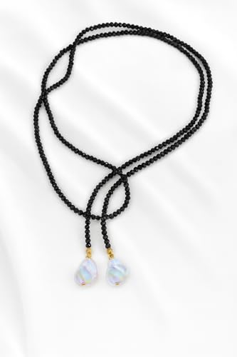 Green Beaded Lariat Necklace with Baroque Pearl Drops – Adjustable Wrap Y Style Jewelry, Beach and Bohemian Outfit Accessory for Women - color: Black