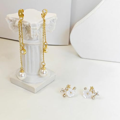 Pearl Earrings for Women 14k Gold/Silver Pearl Drop Earrings Long White Pearl Tassel Dangle Statement Earrings Bridal Wedding Dainty Prom Earrings Birthday Gifts Jewelry - color: Gold CZ Flower Pearl Drop Earrings