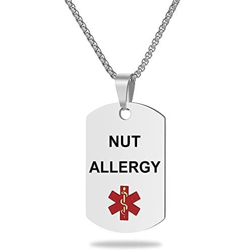Medical Alert ID Necklace, Laser Engraved NUT Allergy, Stainless Steel Tag Pendant with 23.6 inch Chain for Men Women Emergency First Aid - color: Silver, size: NUT ALLERGY