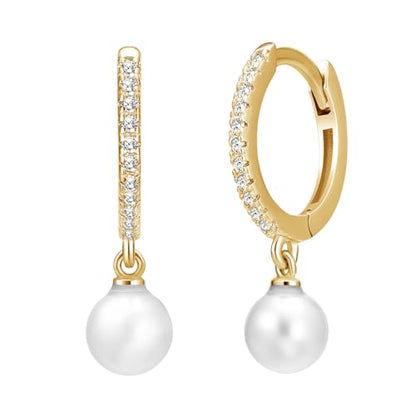 Solid 925 Sterling Silver Faux Pearl Dangle Hoop Earrings for Women, Dainty Drop Huggie Earrings with Charm Jewelry Gift for Her - color: Gold