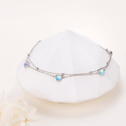 Flyow Anklet for Women S925 Sterling Silver Adjustable Foot Beaded Heart Charm Ankle Bracelet Anklets Jewelry - style: heart moonstone