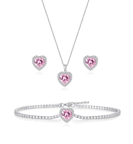 Cubic Zirconia LOVE Heart Jewelry Set Earrings Necklace Bracelet Set for Women Prom Wedding Party Anniversary Birthday - color: pink