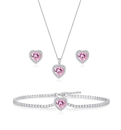 Cubic Zirconia LOVE Heart Jewelry Set Earrings Necklace Bracelet Set for Women Prom Wedding Party Anniversary Birthday - color: pink